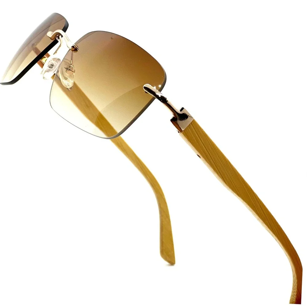 Rimless Sunglasses Wood Grain Arms Brown Gradient Lens Lightweight Fashion Gafas